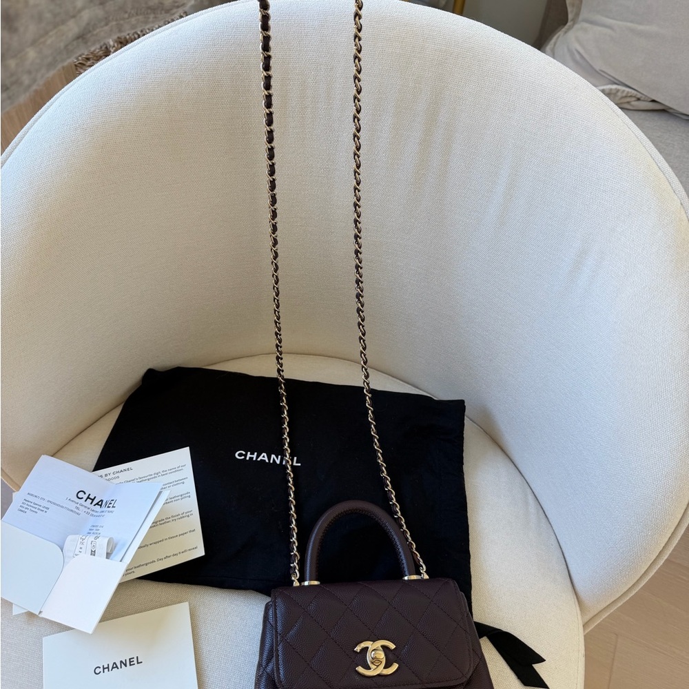 CHANEL Mini Coco Handle Flap Bag Burgundy Caviar Gold With Receipt - Picture 10 of 10